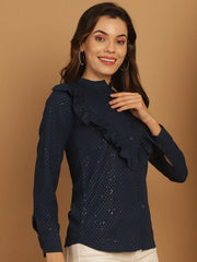 Blue Woven Design Frill Top-JNT-2025Blue