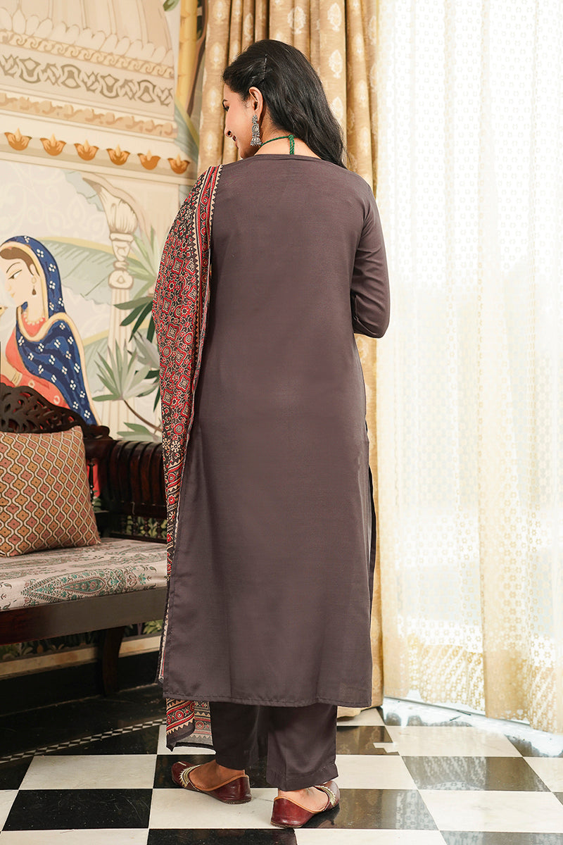Black Rayon Blend Ajrakh Printed Straight Kurta Trousers With Dupatta PKSKD3065