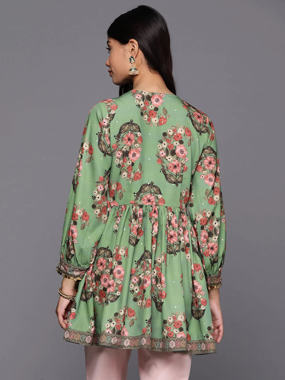 Green & Pink Floral Printed Tunic Top | Indian Kurta for Ladies