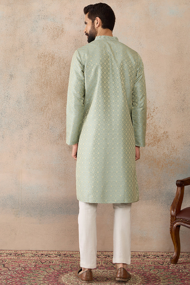 Teal Jacquard Ethnic Motifs Embroidered Kurta MKU2240