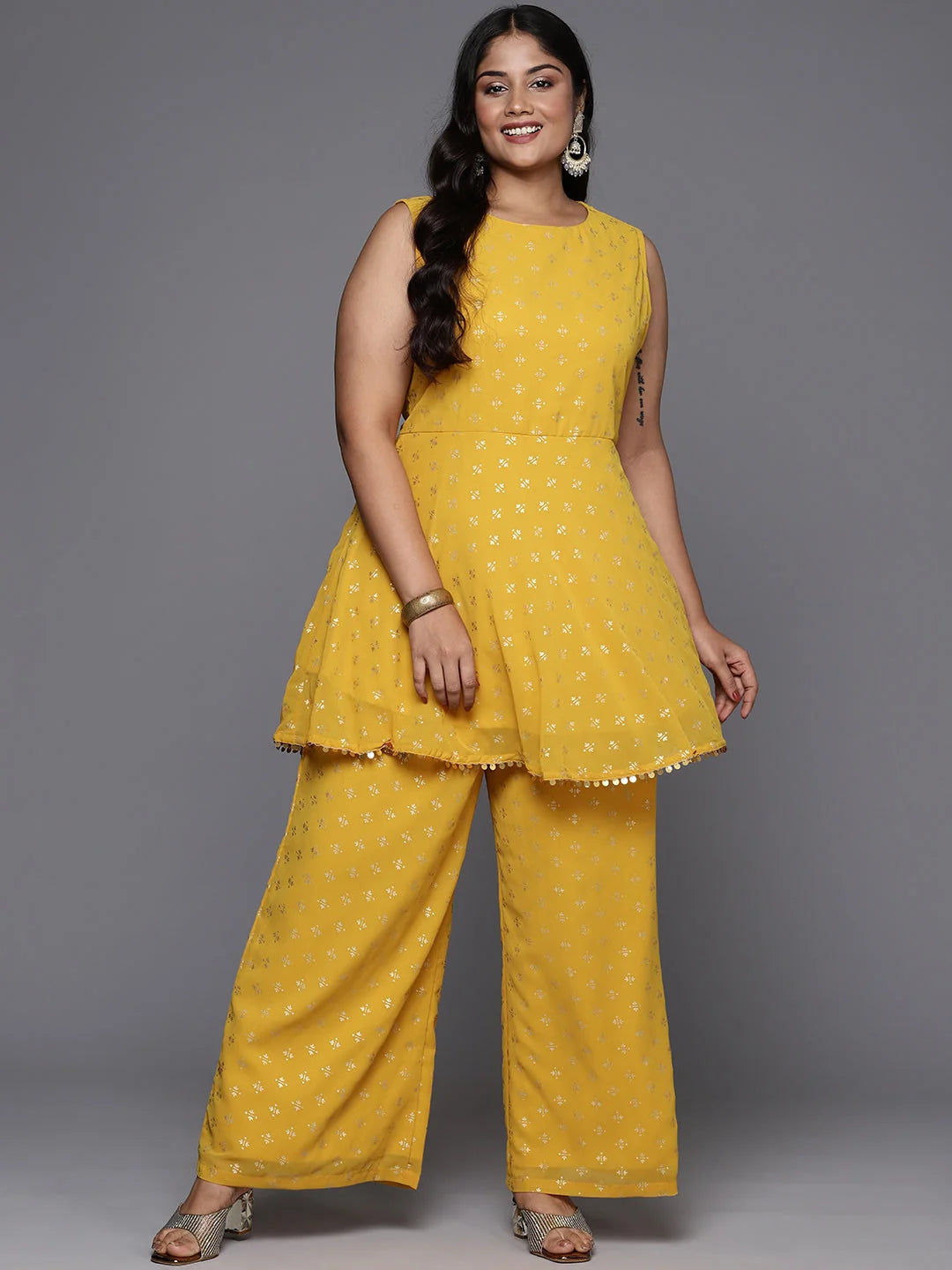 Mustard Printed Kurta Palazzo Set Plus Size - Women's Fashion