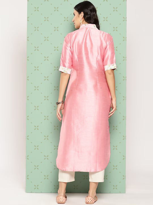 Pink Floral Art Silk Kurta - Modern Indian Kurtis Collection