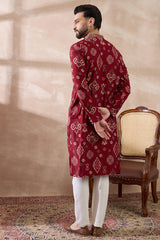 Red Silk Blend Printed Mandarin Collar Straight Kurta With Trouser MKSET1988