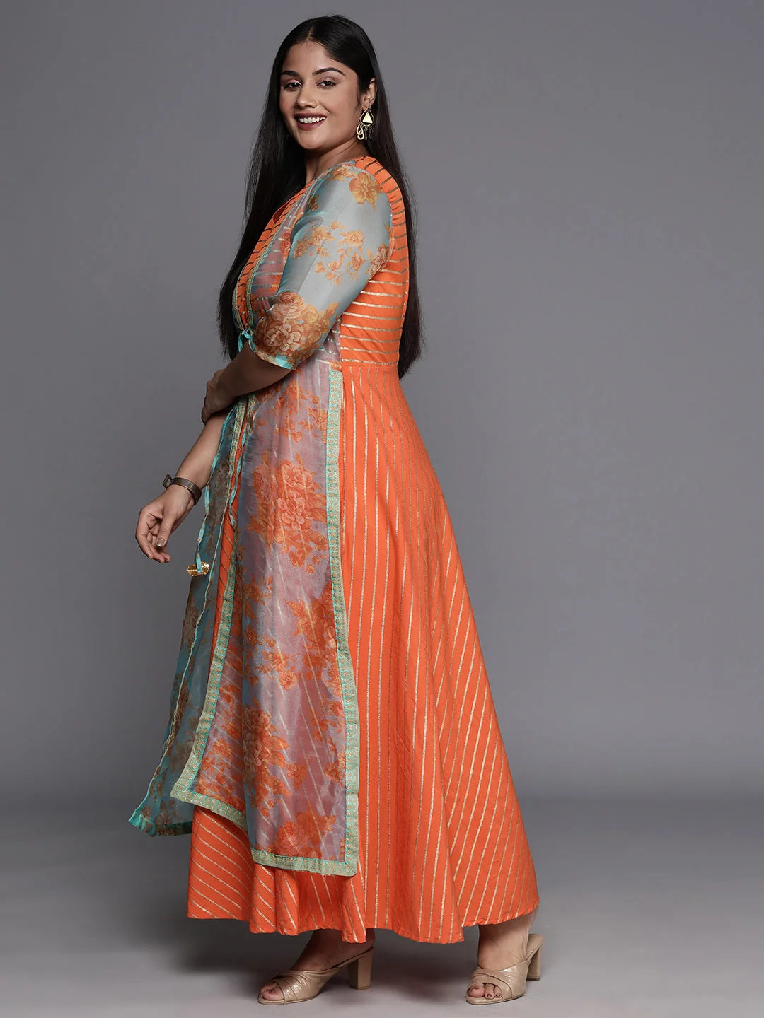 Orange, Gold & Green Striped Maxi Dress - Indian Dresses Online
