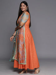 Orange, Gold & Green Printed Plus Size Maxi Ethnic Dress-AP-AHKUCRFP-871