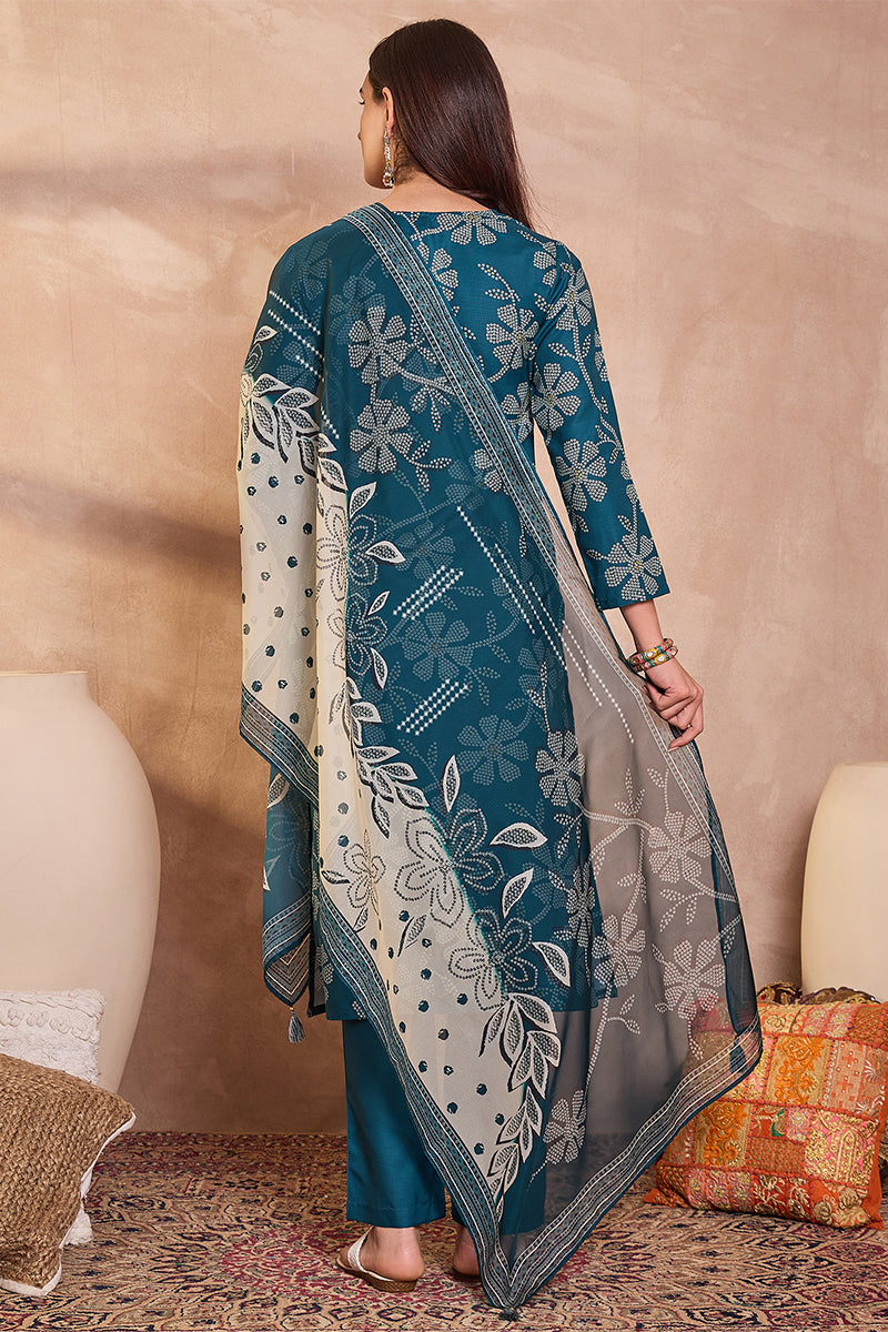 Blue Cotton Blend Floral Printed Straight Kurta Set VKSKD2425 | DesiQl