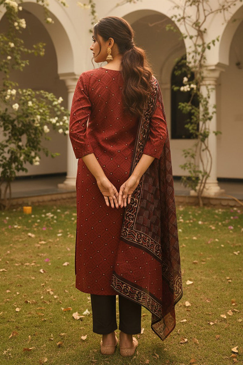 Maroon Rayon Blend Geometric Printed Straight Kurta Trousers With Dupatta VKSKD2414