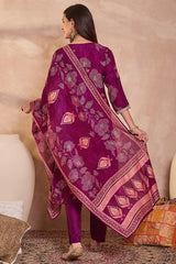 Purple Silk Blend Floral Printed Straight Kurta Trouser With Dupatta PKSKD3216