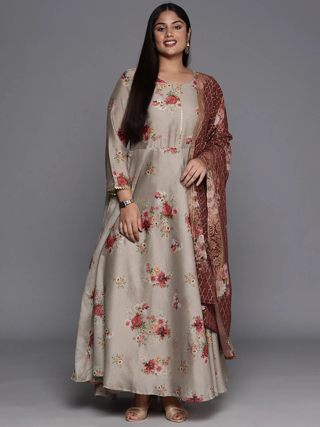 Brown Floral Print Plus Size Indian Dresses with Dupatta