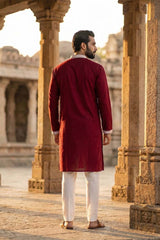 Maroon Silk Blend Embroidered Straight Kurta With Trousers MKSET2048