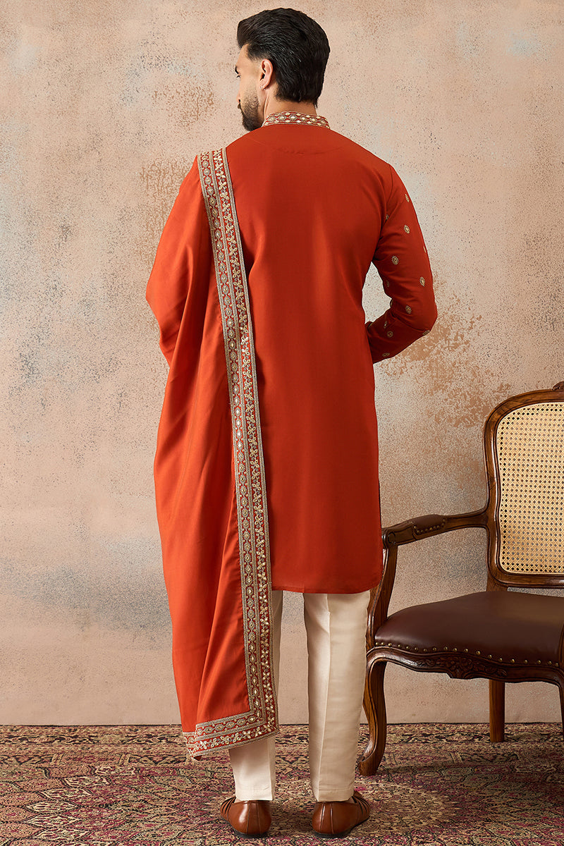 Orange Silk Blend Solid Embroidered Kurta With Dupatta MKUD1028