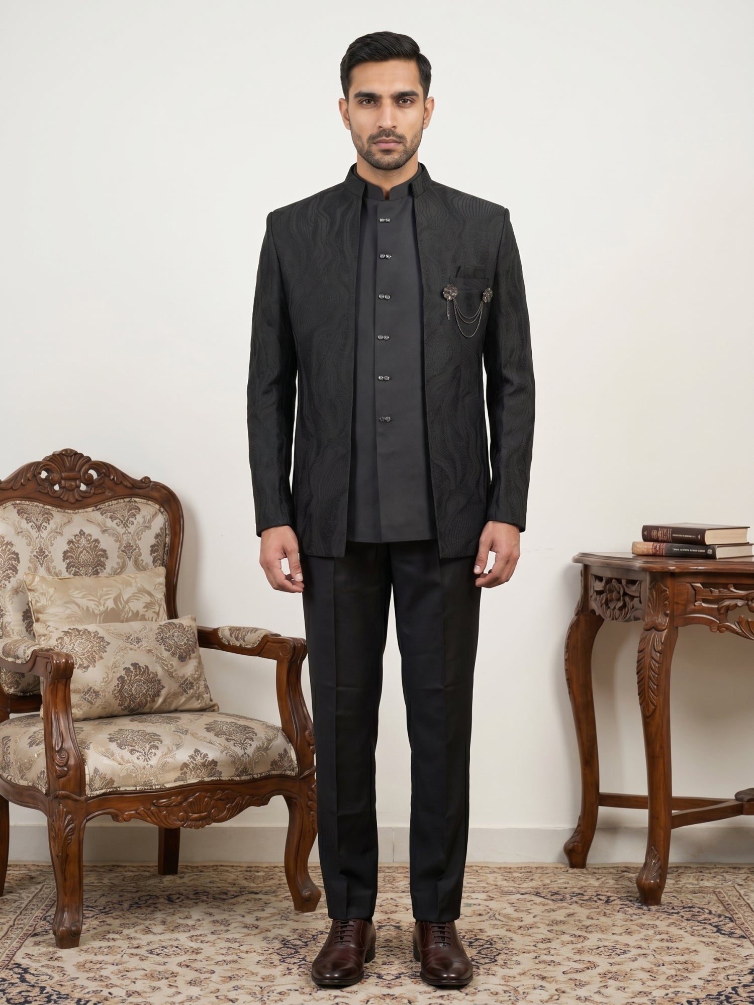 DesiQlo Men Embroidered Indo Western Set - Black - 50JIND_218Black_S