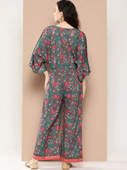 Green & Pink Printed Jumpsuit with Lace Inserts-AHJSCRDP-45-ICH