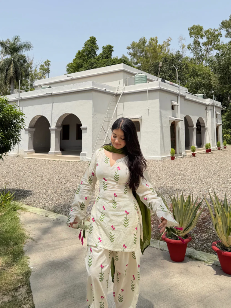 Off White Floral Printed Cotton Kurta Palazzo Set with Olive Green Dup