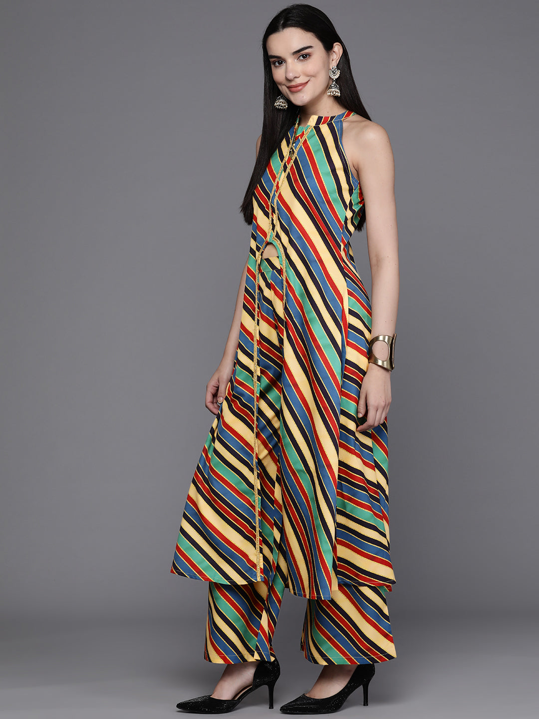 Striped Kurta Palazzo Set for Women | High Slit Design
