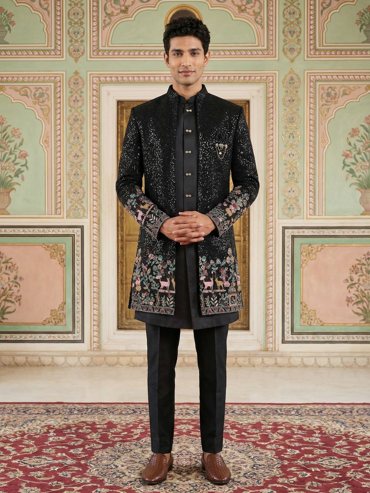 DesiQlo Men Embroidered Indo Western Set - Black - 50JIND_127Black_S