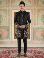 Men’s Black Heavily Embroidered Indo-Western Set ( 50JIND 127Black S )