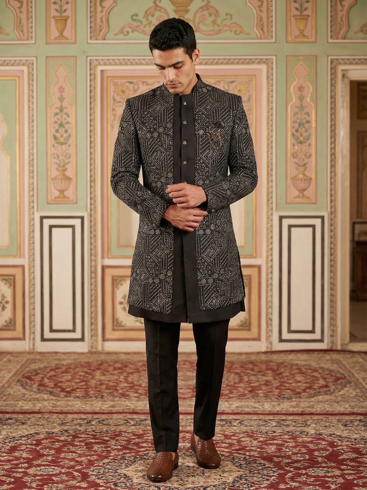 DesiQlo Men Embroidered Indo Western Set - Black - 50JIND_124Black_S