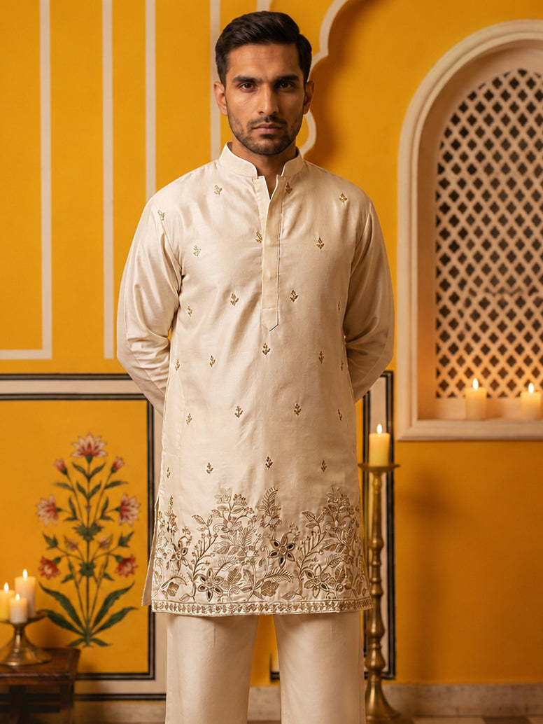 DesiQlo Men Embroidered Kurta Only - Beige - 65KO_5601Cream_S