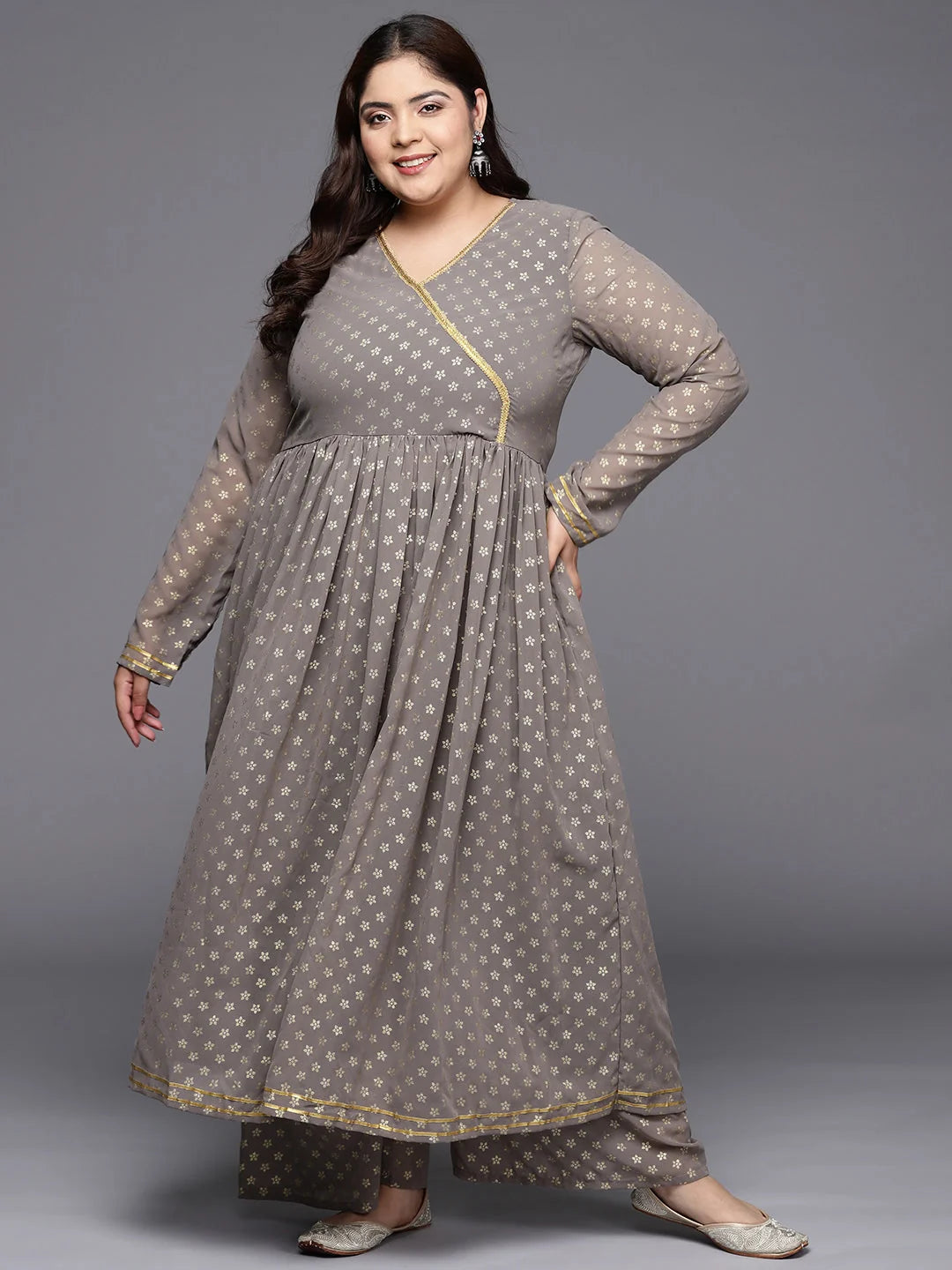 Plus Size Grey Angrakha Kurta Palazzo Set - Printed Style