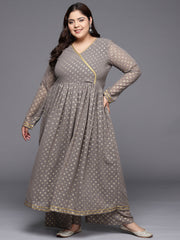 Grey Printed Plus Size Angrakha Kurta with Palazzos-AP-AHKUPZ-COMBO-676