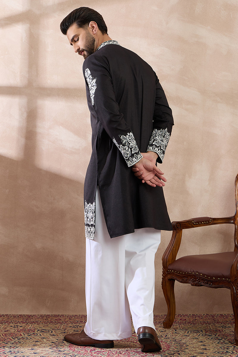Black Silk Blend Embroidered Mandarin Collar Straight Kurta With Trous