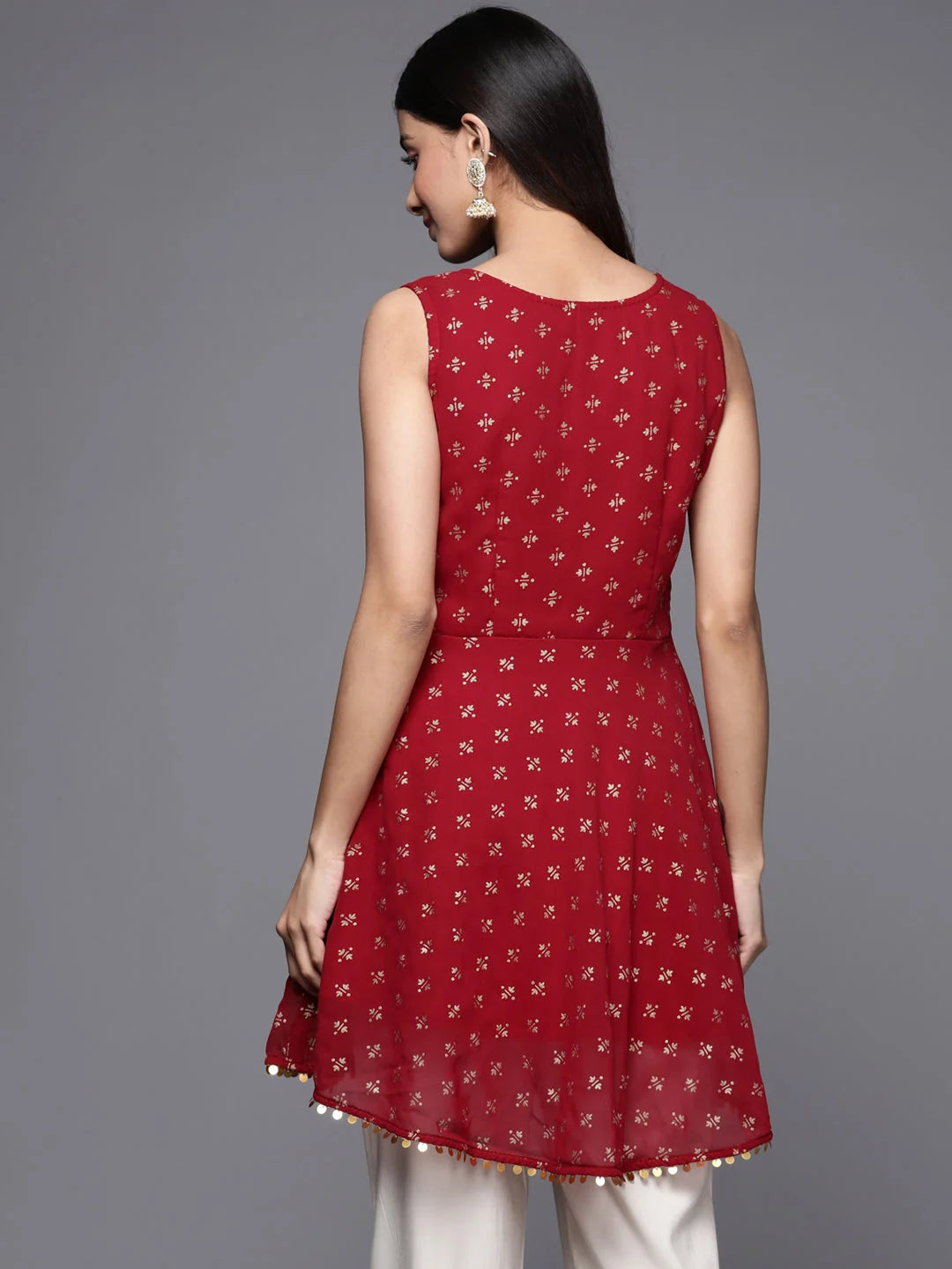 Red & Golden Printed Tunic Top - Indian Kurta Ladies Online