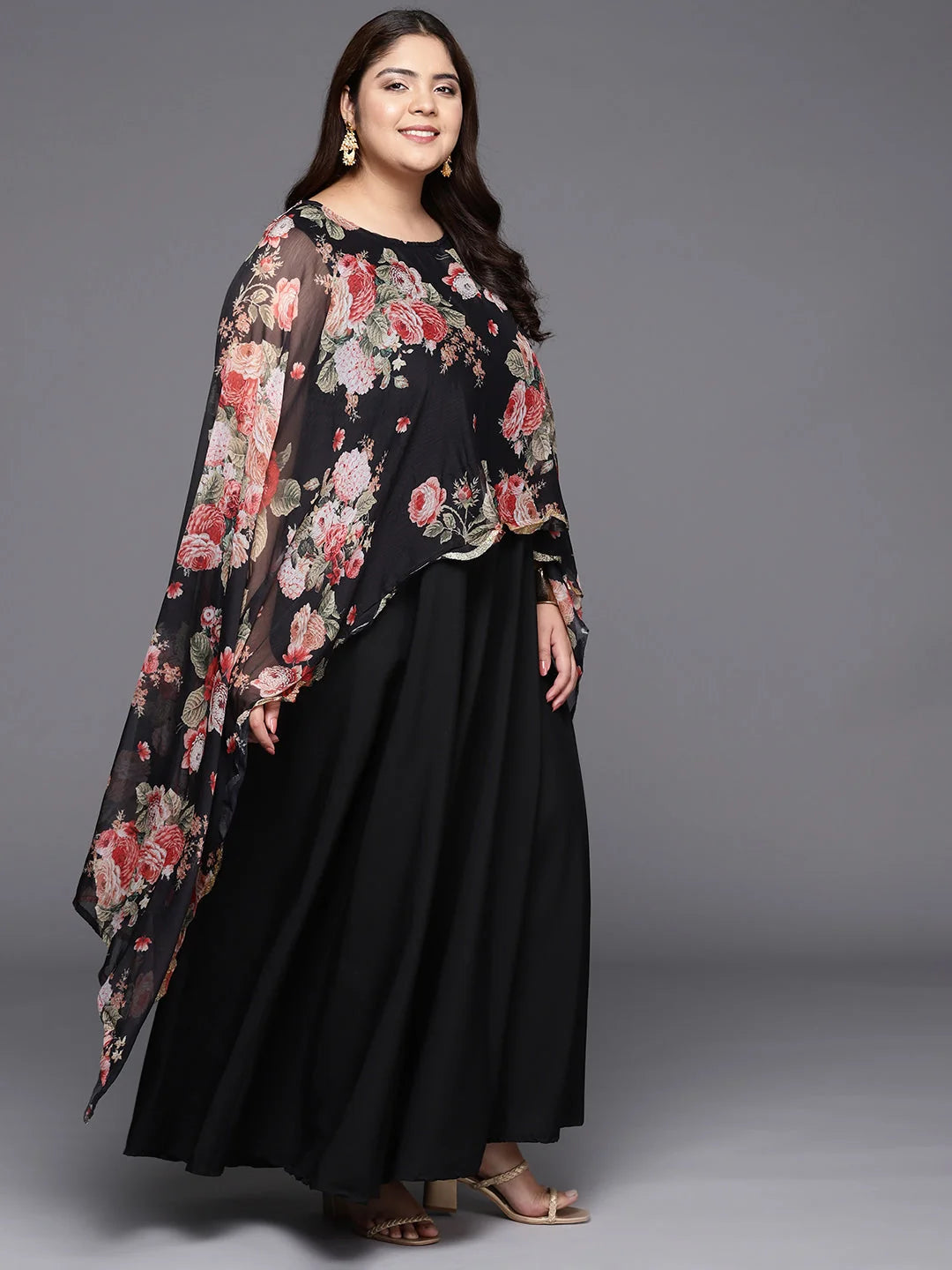 Black & Pink Maxi Dress with Cape | Indian Dresses Online