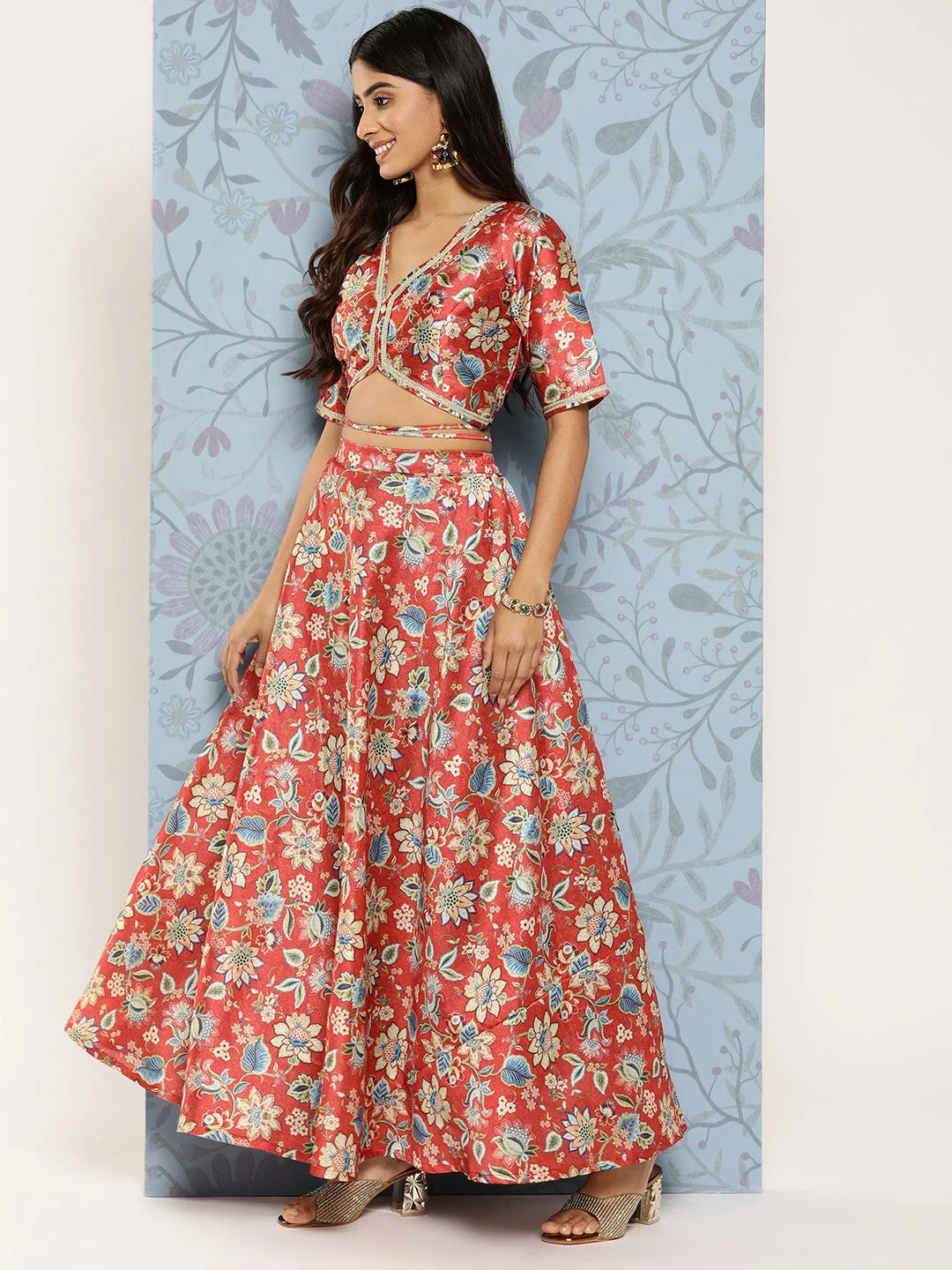 Rust & Blue Floral Lehenga | Ready to Wear Women's Lehenga Choli