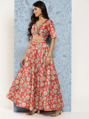 Rust & Blue Floral Printed Ready to Wear Lehenga & Blouse With Dupatta-AHBLDUSK-COMBO-754-ICH