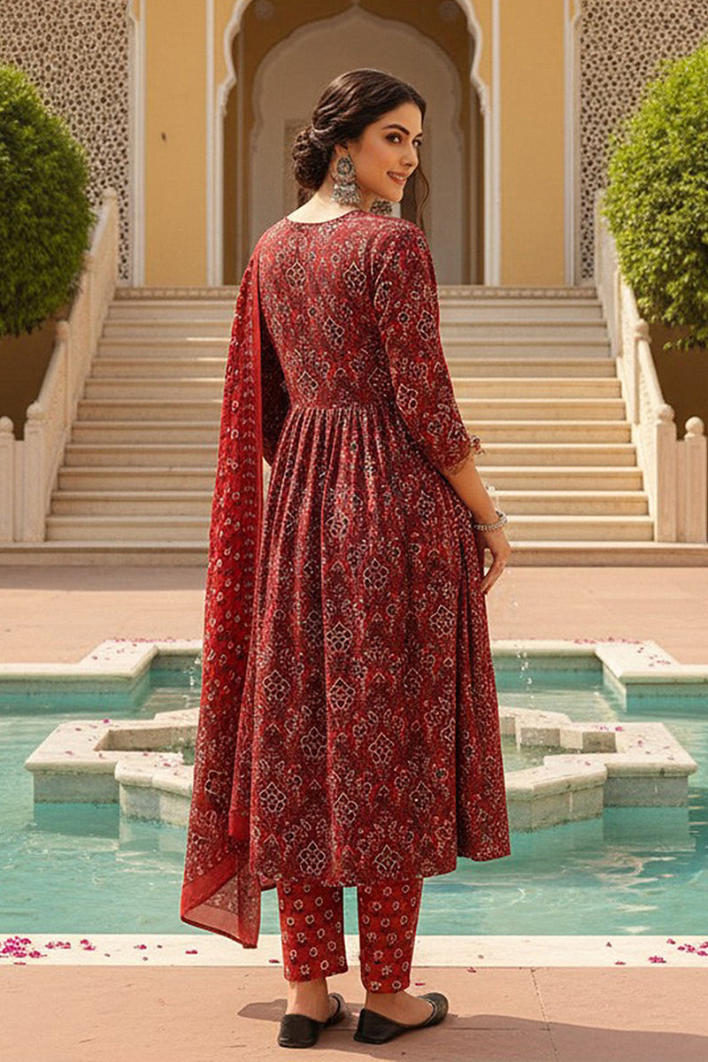Red Rayon Blend Floral Printed A-Line Trouser Bottom Suit Set VKSKD227