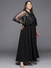 Black Geometric Print Plus Size A-line Maxi Ethnic Dress-AP-AHKUNTFL-842