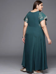 Teal Plus Size Floral Print A-line Maxi Ethnic Dress-AP-AHKUCRFP-699