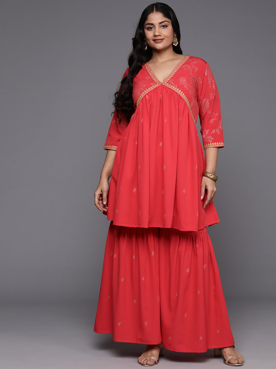 Red & Gold Printed Ethnic Co Ord Sets - Plus Size Women