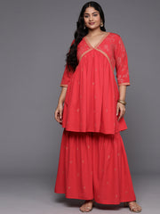 Red & Gold Plus Size Printed Ethnic Co-Ords-AP-AHTUSH-COMBO-880