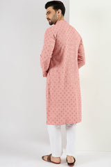 Ethnic Bay Pink Viscose Rayon Solid Embroidered Long Straight Kurta For Men MKU1060