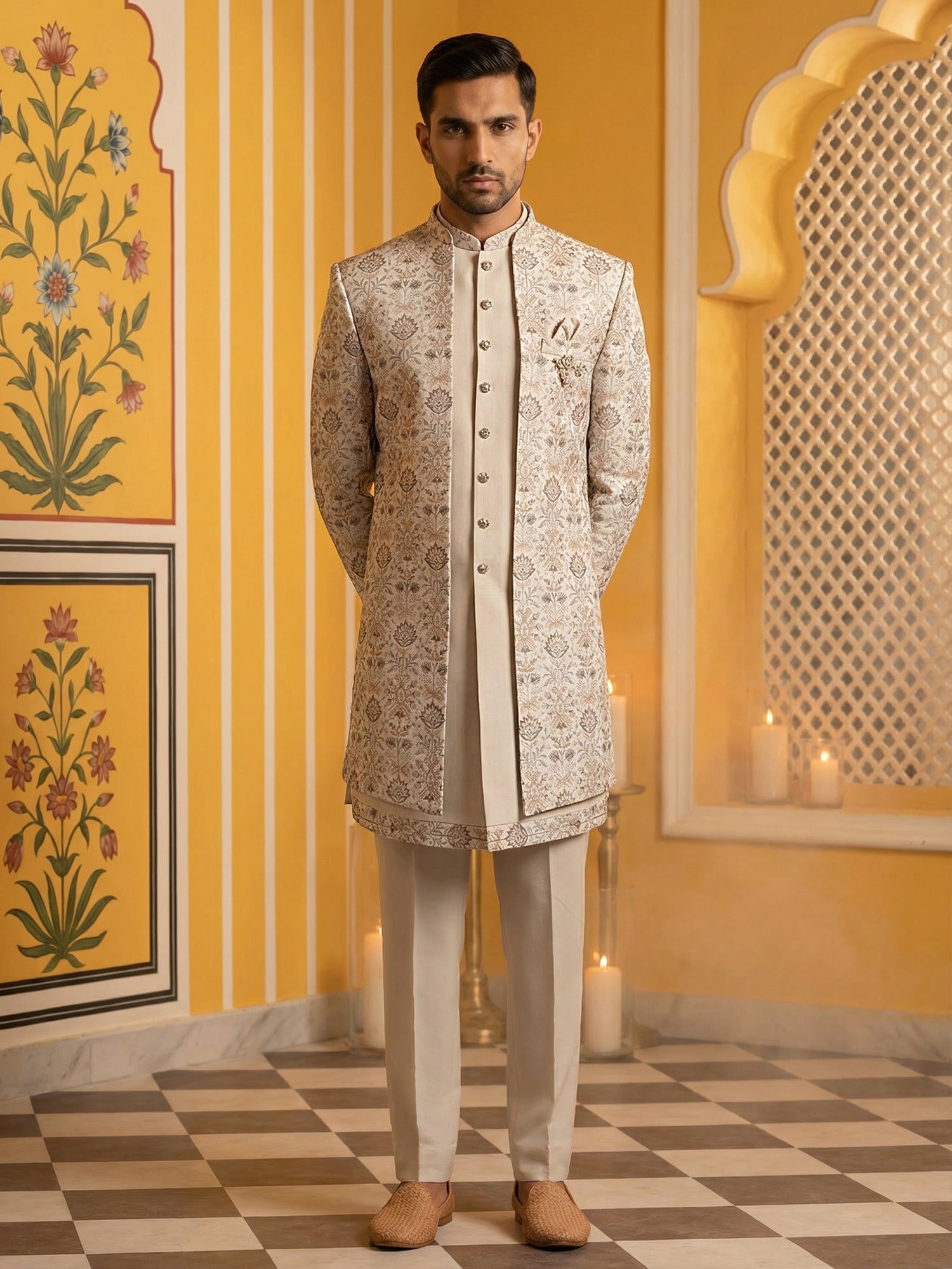DesiQlo Men Embroidered Indo Western Set - Orange - 50JIND_111Peach_S