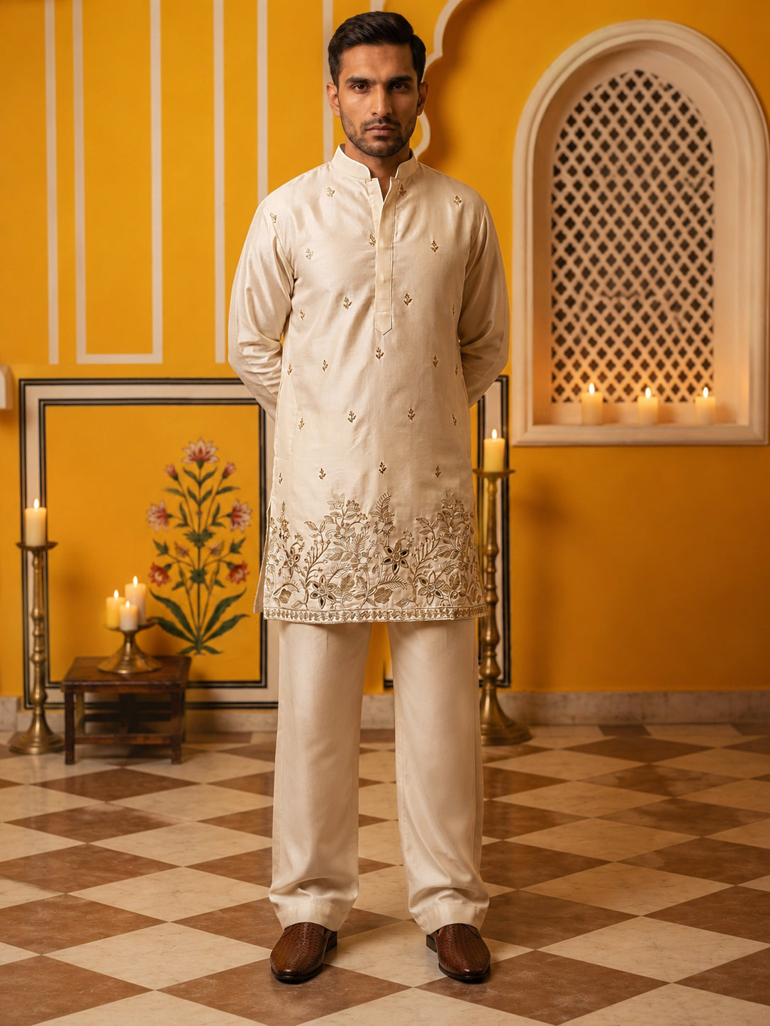 DesiQlo Men Embroidered Kurta Pyjama Set - Beige - 65KP_PJ11W_5601Crea