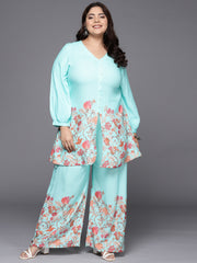 Turquoise Blue & Red Floral Printed Plus Size Tunic with Palazzos-AP-AHTUPZ-COMBO-751-ICH
