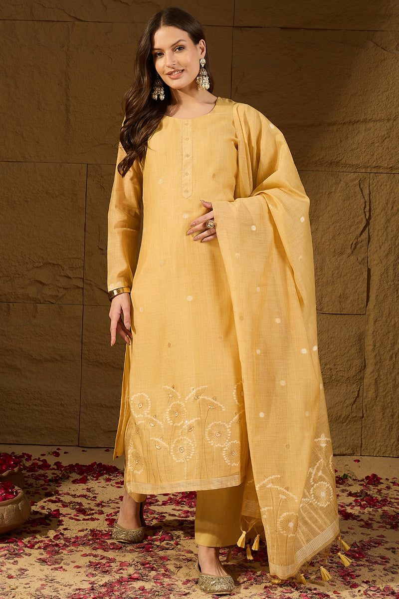 Yellow Chanderi Woven Design Straight Kurta Trouser with Dupatta PKSKD