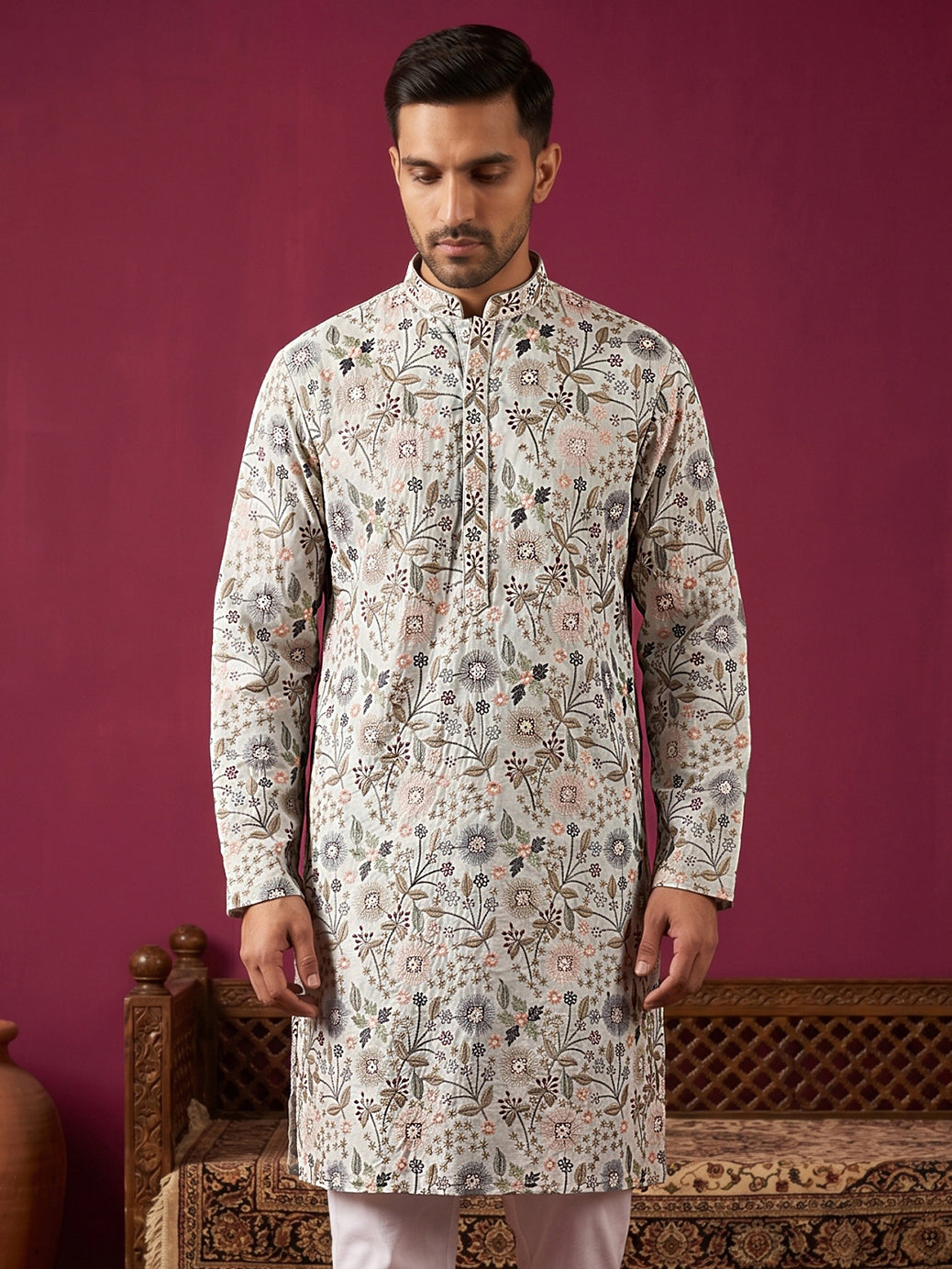 DesiQlo Men Embroidered Kurta Only - White - KO_5227White_S