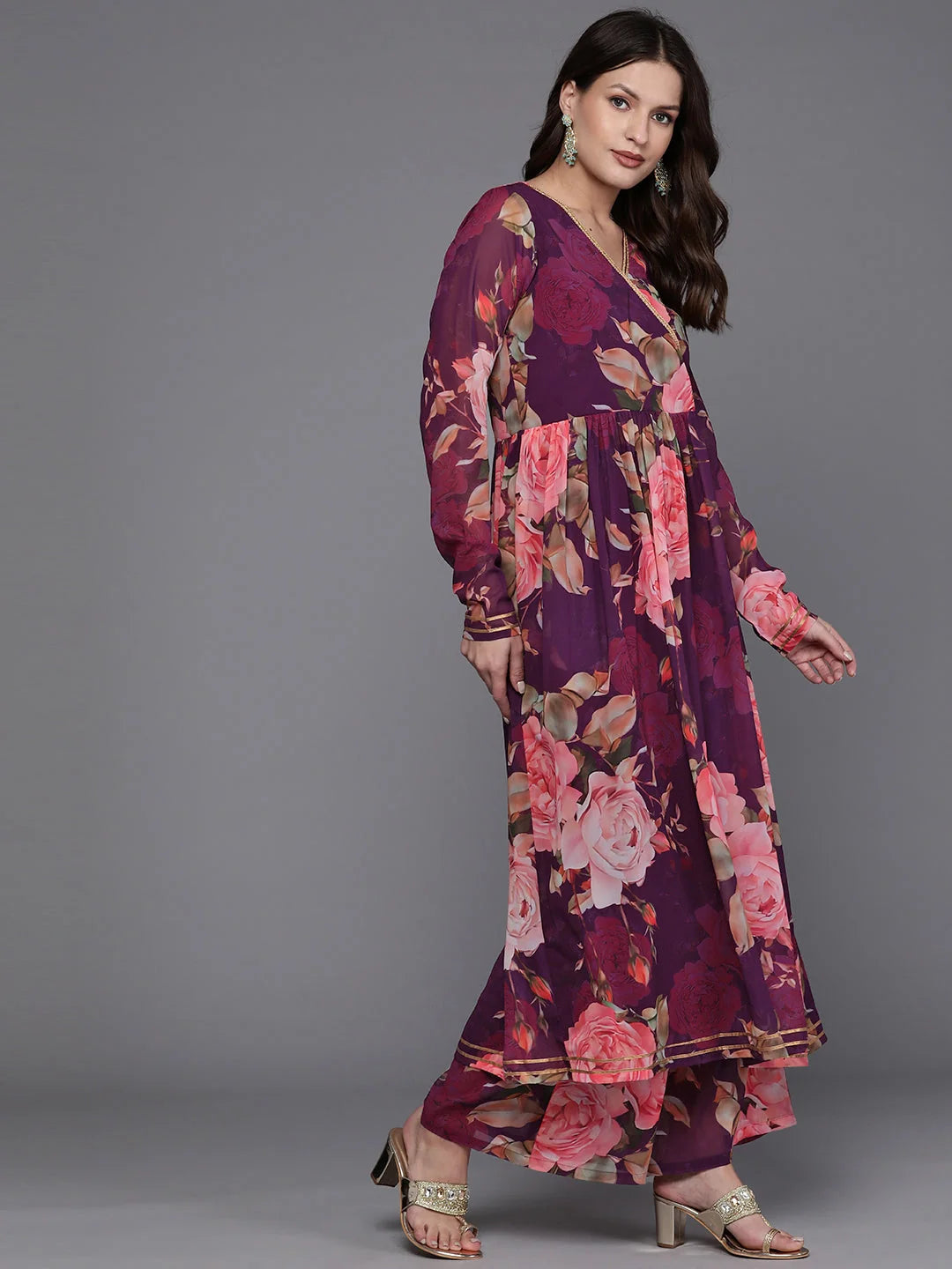 Women's Angrakha Kurta Palazzo Set - Floral Printed Design
