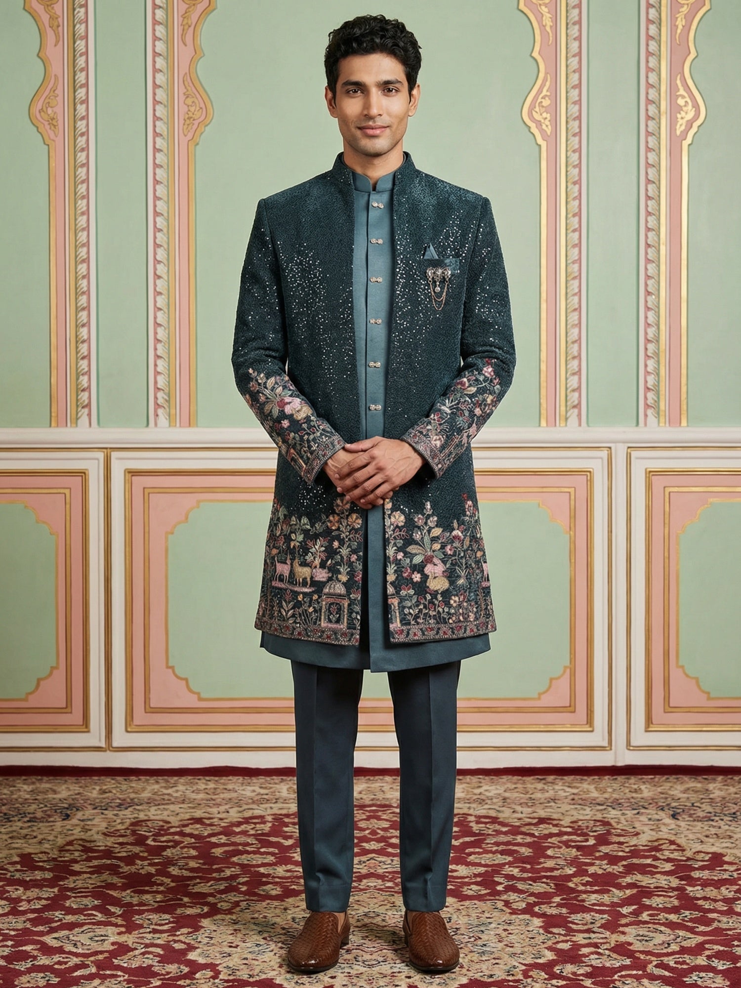 DesiQlo Men Embroidered Indo Western Set - Multicolor