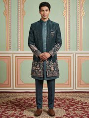 Men’s Peacock Blue Heavily Embroidered Indo-Western Set ( 50JIND 127Peacock S )