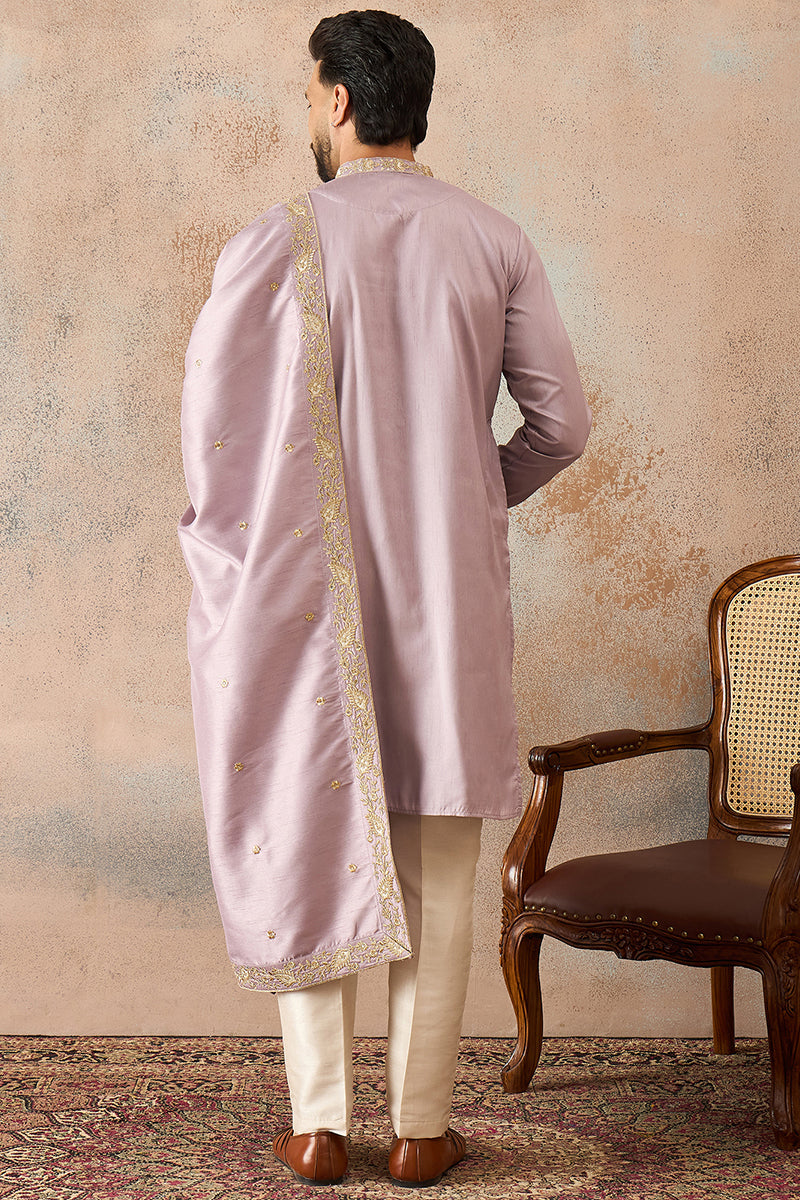 Lavender Zari Embroidered Silk Blend Kurta with Trousers & Dupatta MKPD1047