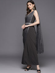Grey Abstract Print Layered Ethnic Dress-AHEDCFGL-119
