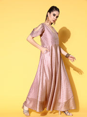 Rose Gold Chanderi Cold-Shoulders Printed Maxi Ethnic Dress-AHEDCHGP-138
