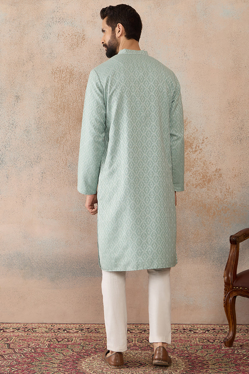 Green Linen Blend Geometric Woven Design Kurta MKU2365