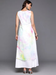 Tie and Dye Printed Boat Neck Ethnic Layered Dress-AHEDGRDP-241