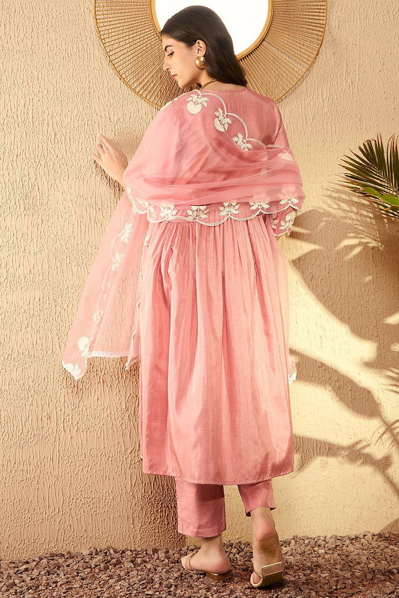 Peach Silk Blend Embroidered Kurta Trouser With Dupatta HOPPKSKD2595 |
